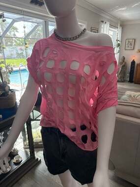 Made in Italy Neon Pink Cut-Out Distressed Shredded Tee Off-Shoulder Top